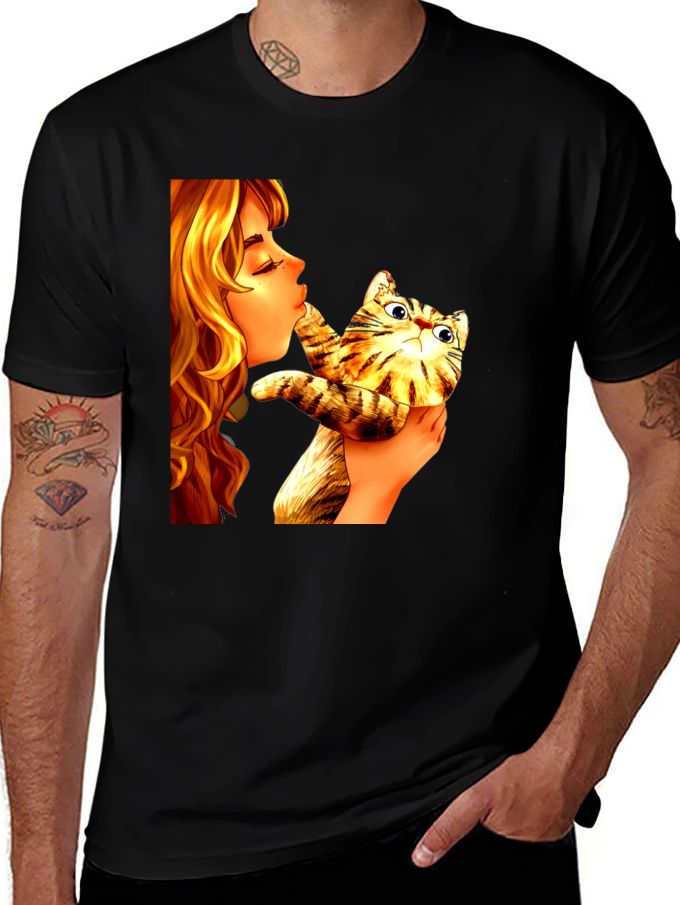 Girl Kissing Cat Graphic Tee - Novelty Unisex T-Shirt