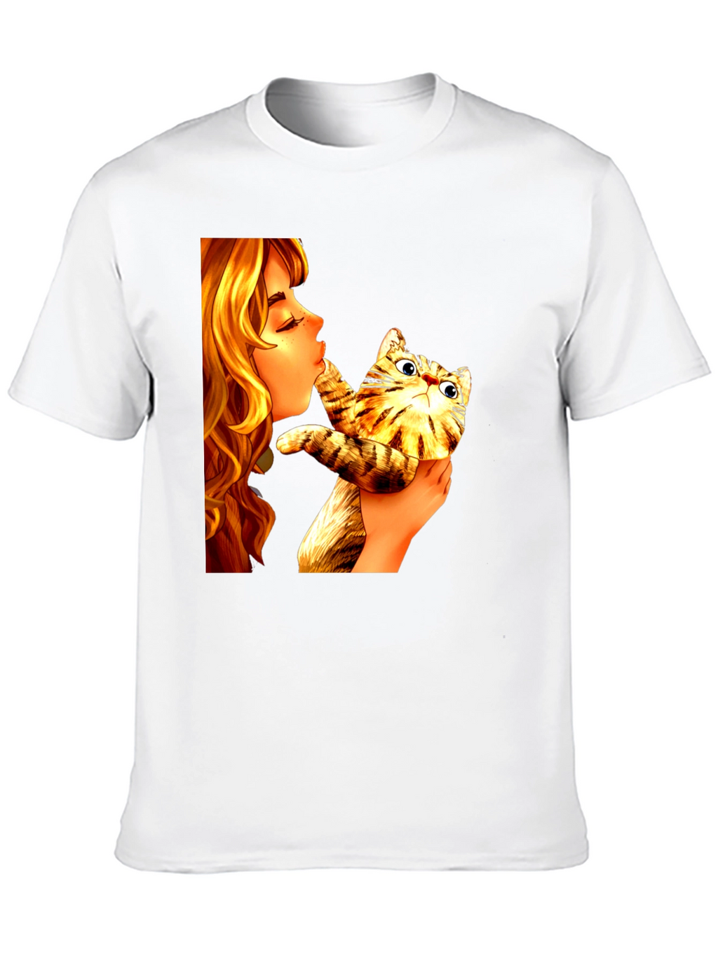 Girl Kissing Cat Graphic Tee - Novelty Unisex T-Shirt