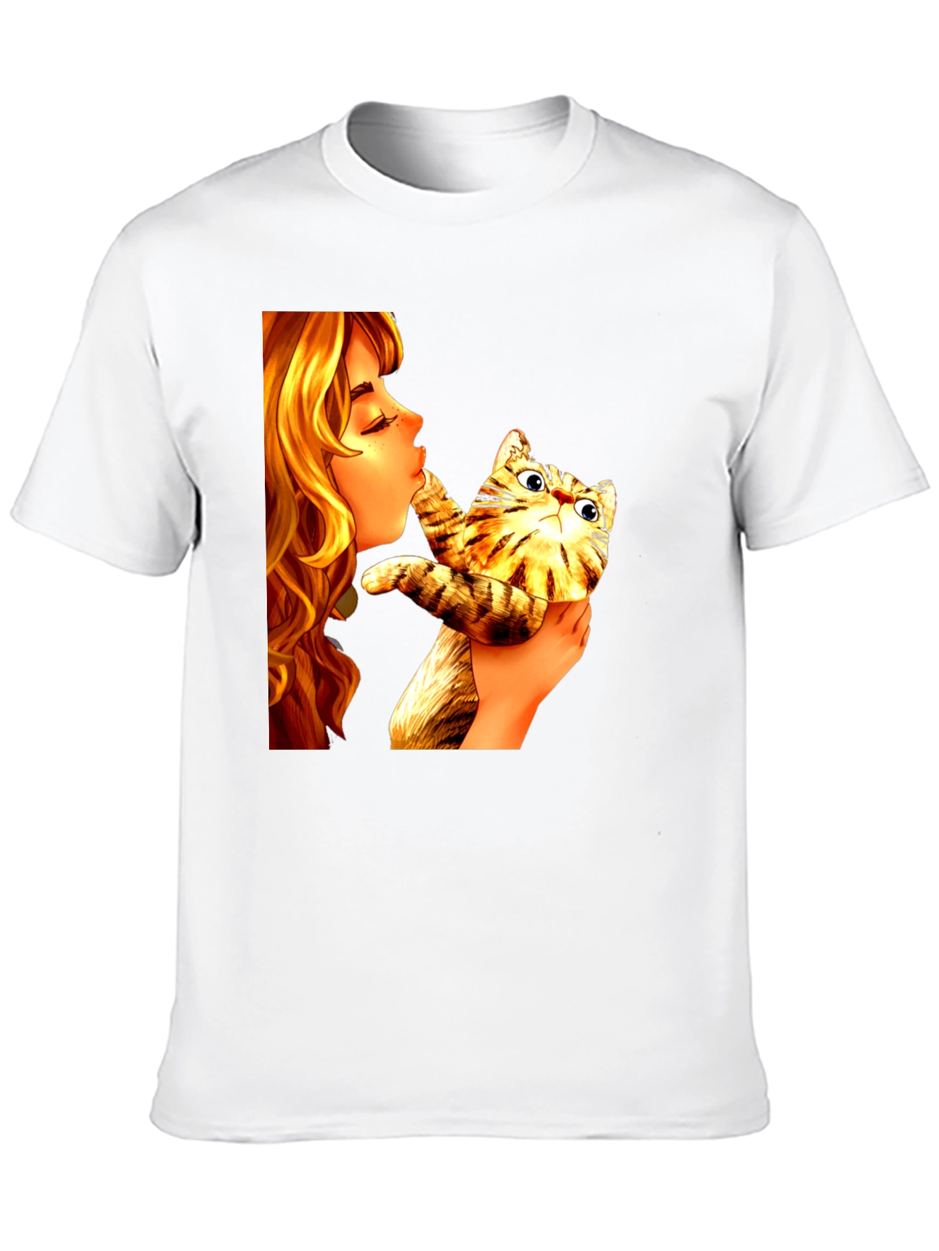 Girl Kissing Cat Graphic Tee - Novelty Unisex T-Shirt
