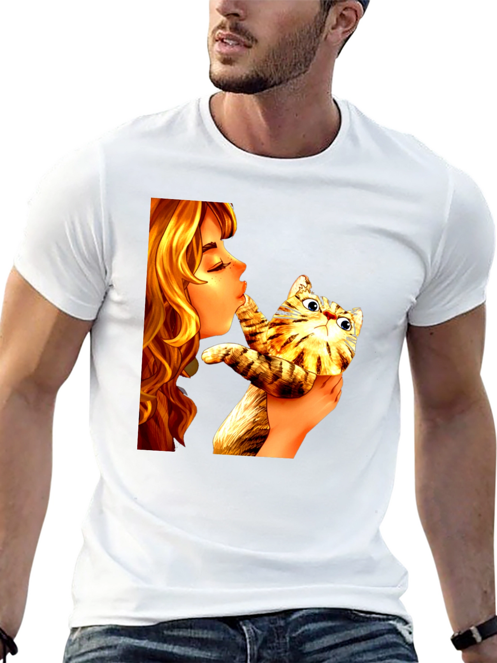 Girl Kissing Cat Graphic Tee - Novelty Unisex T-Shirt