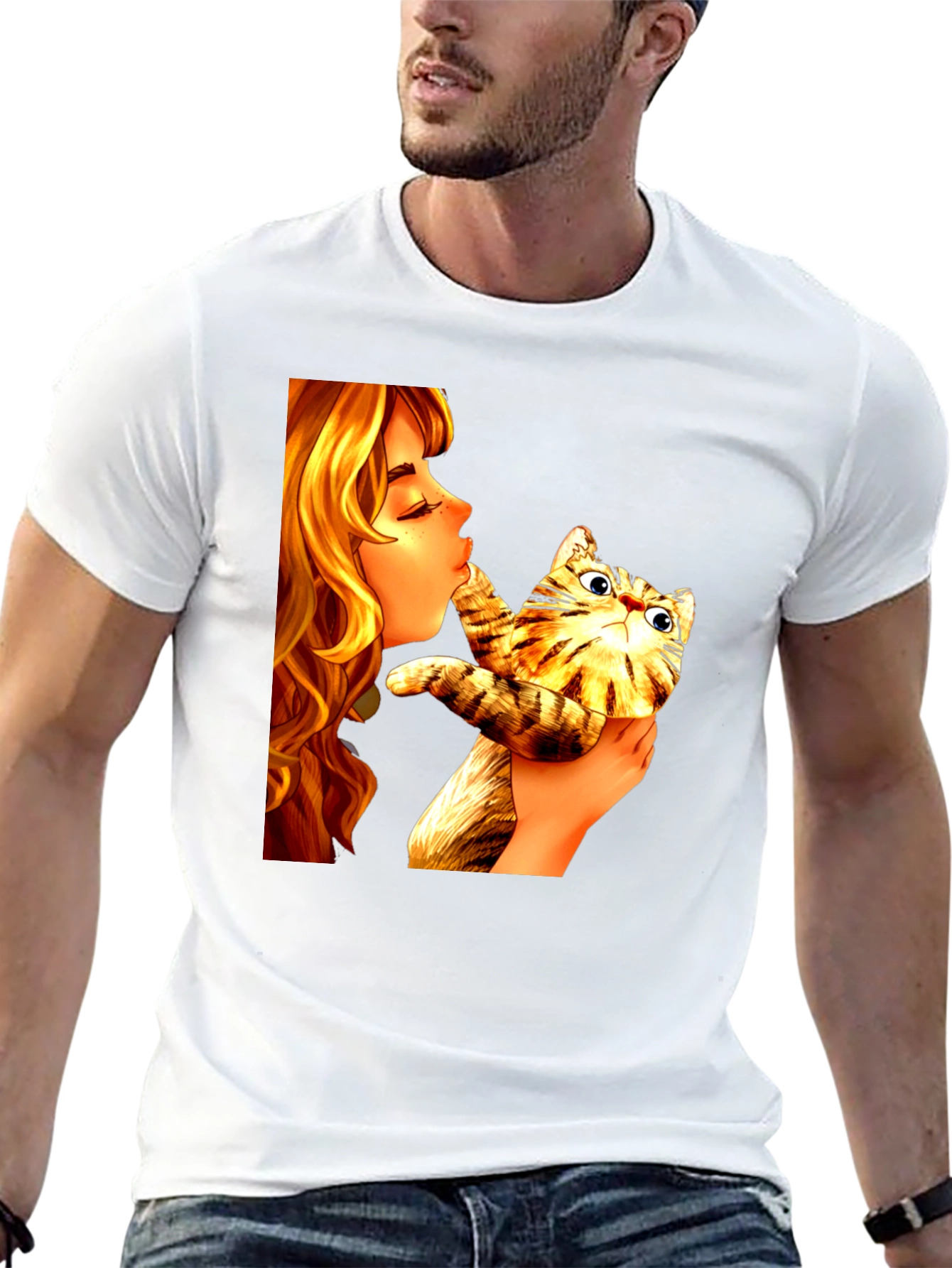 Girl Kissing Cat Graphic Tee - Novelty Unisex T-Shirt