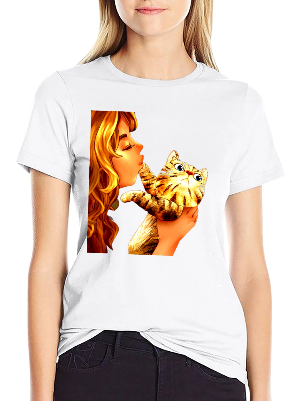 Girl Kissing Cat Graphic Tee - Novelty Unisex T-Shirt