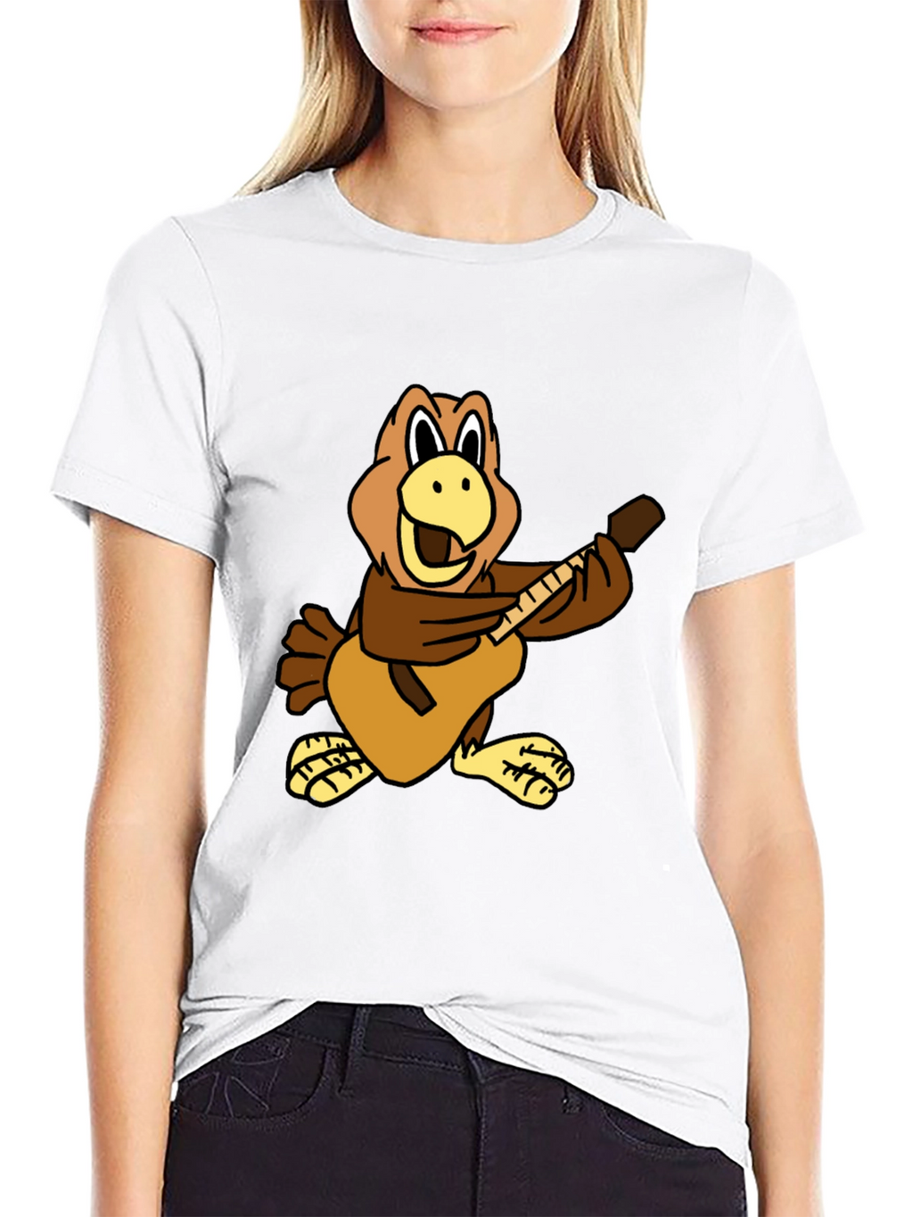 Cartoon Bird Guitarist Black T-Shirt