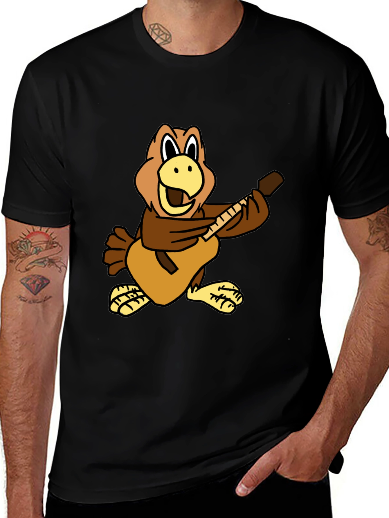 Cartoon Bird Guitarist Black T-Shirt