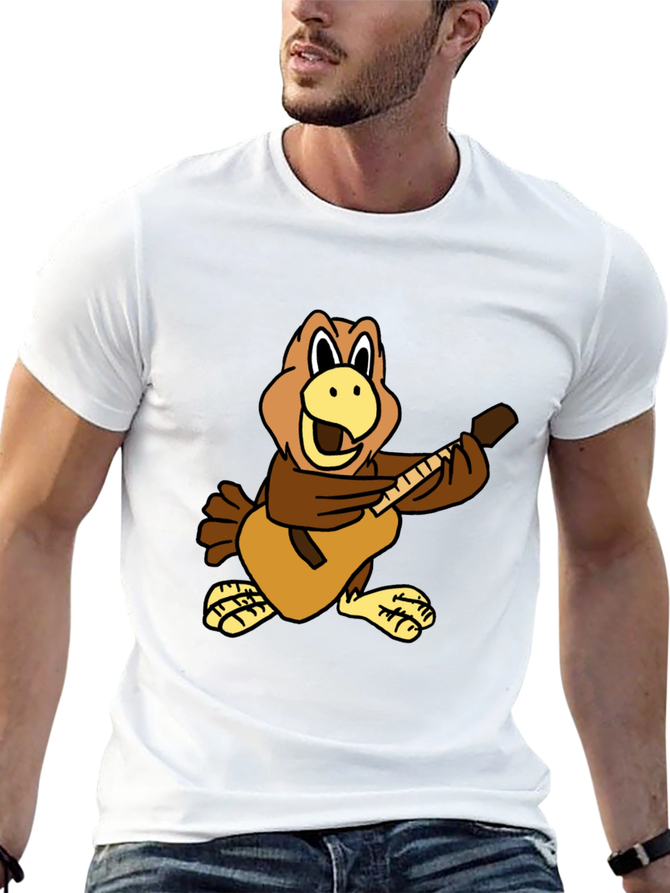 Cartoon Bird Guitarist Black T-Shirt
