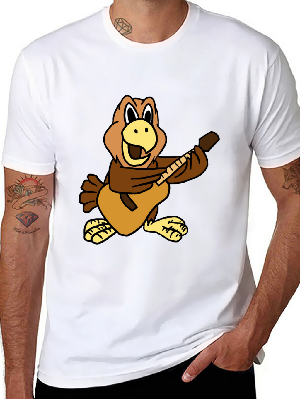 Cartoon Bird Guitarist Black T-Shirt