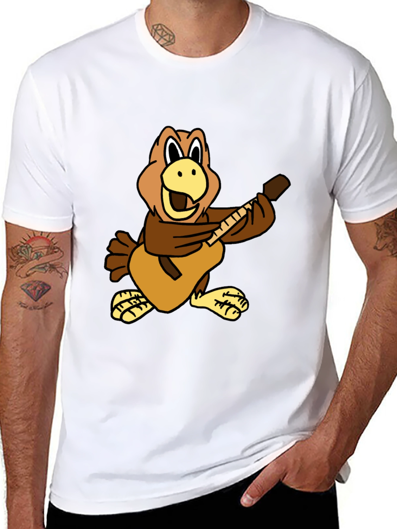 Cartoon Bird Guitarist Black T-Shirt