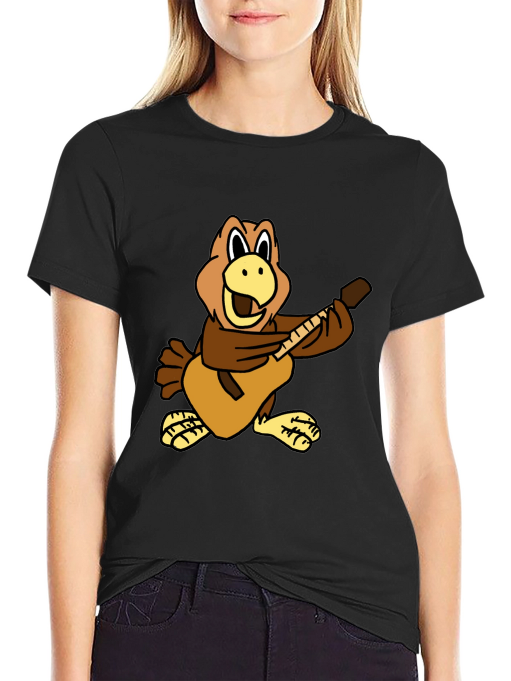 Cartoon Bird Guitarist Black T-Shirt
