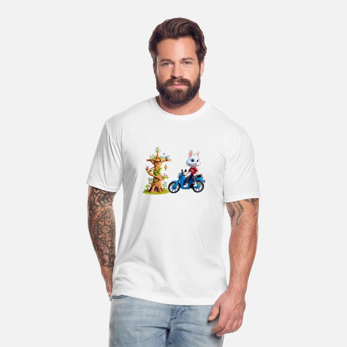 A rabbit on his bike next to the wooden tower