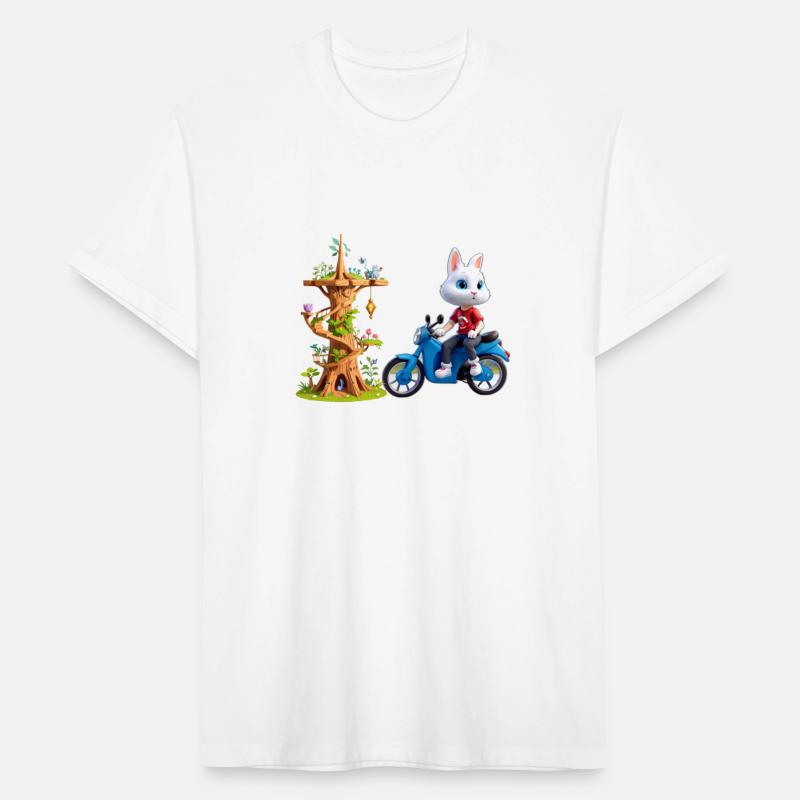 A rabbit on his bike next to the wooden tower