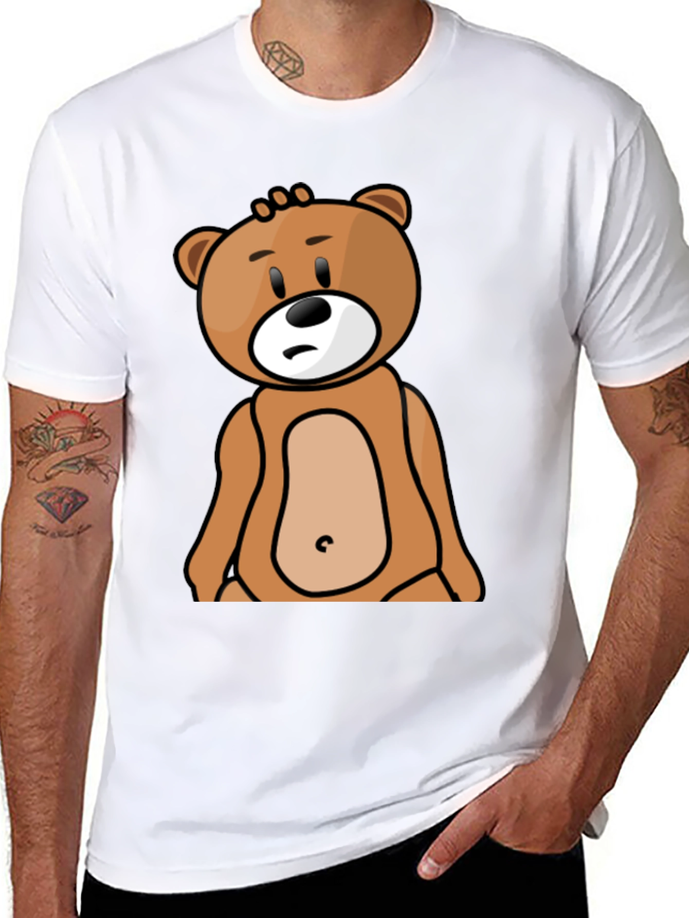 Cartoon Bear Graphic Tee - Black Cotton T-Shirt