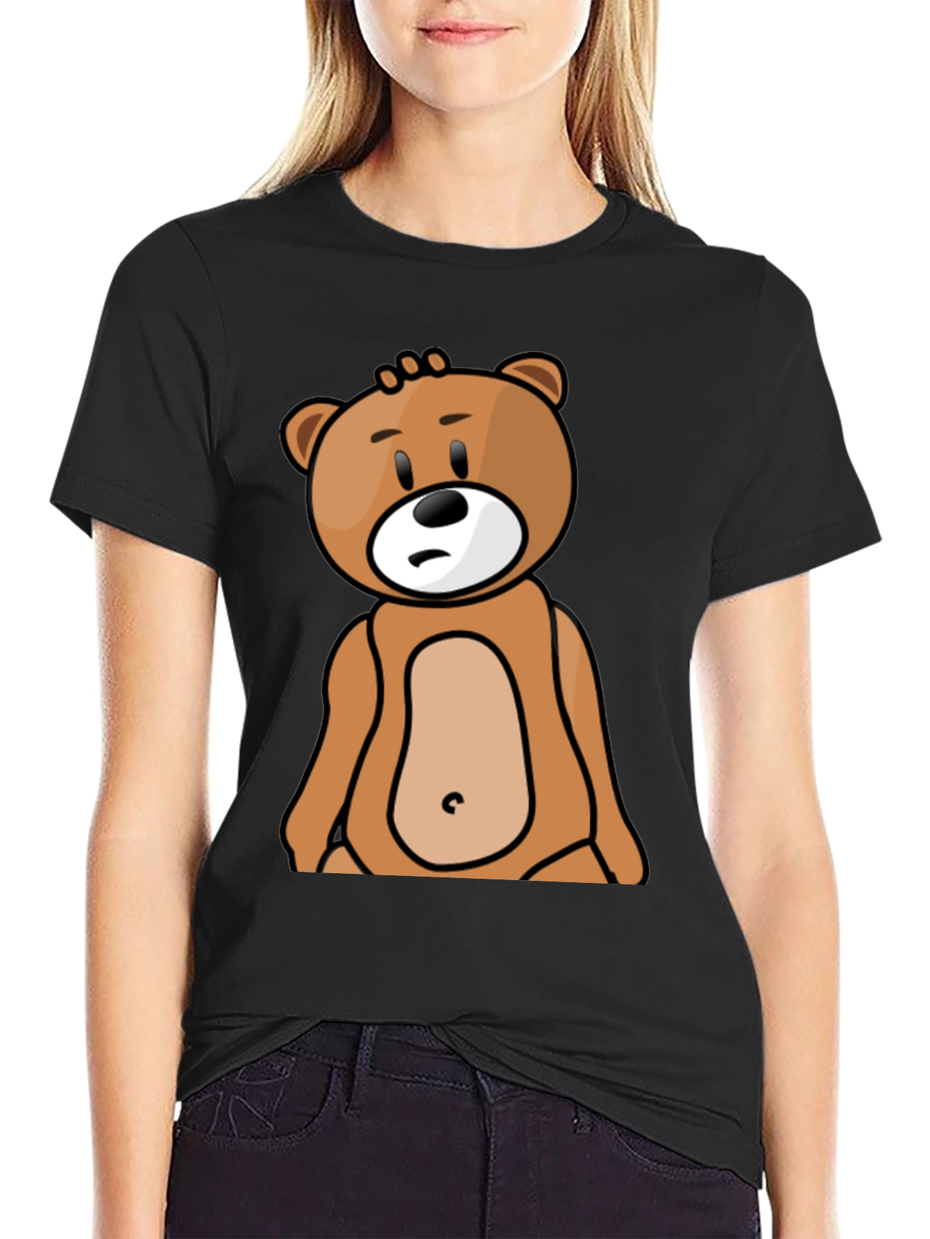 Cartoon Bear Graphic Tee - Black Cotton T-Shirt