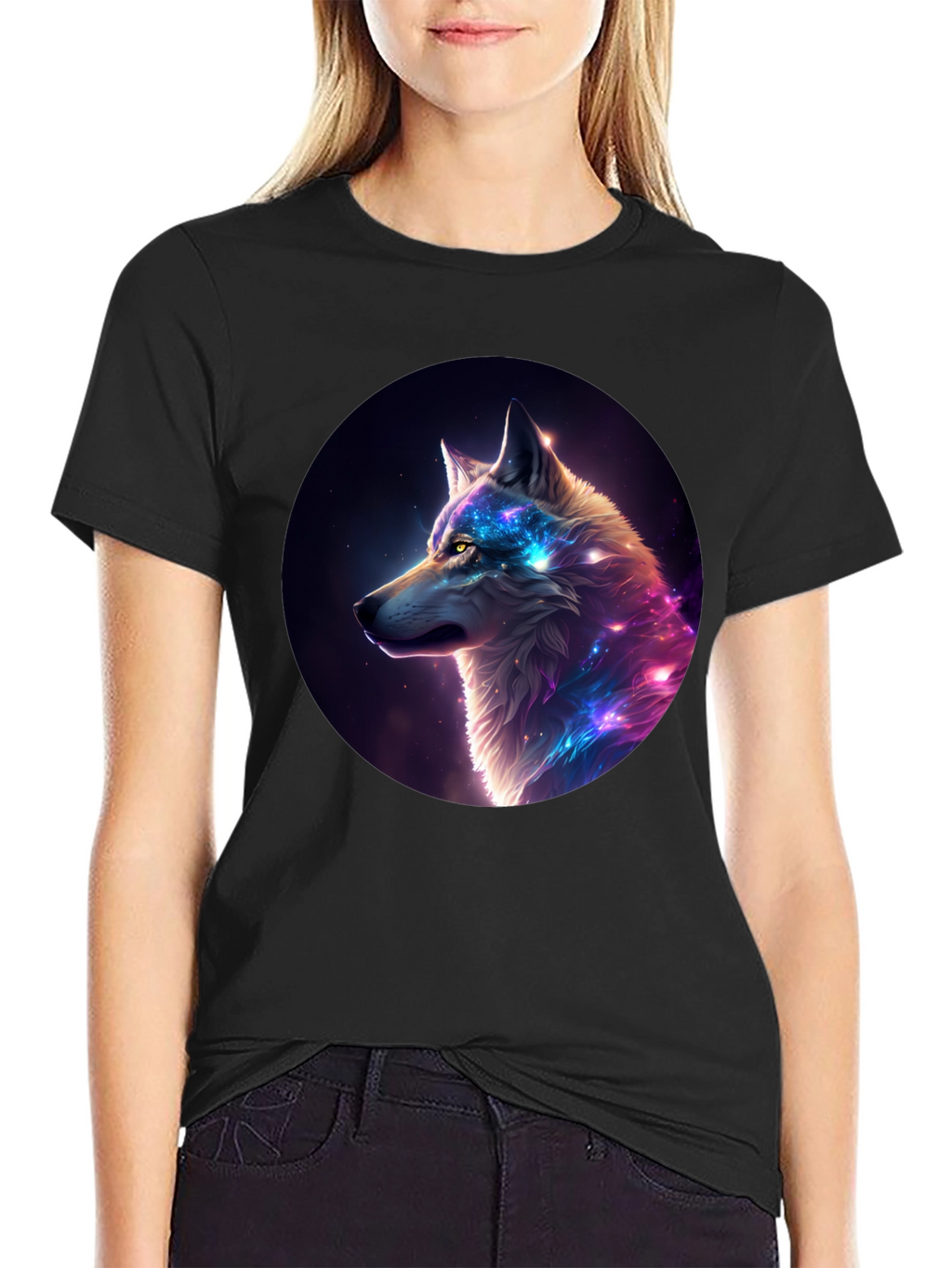 Cosmic Wolf Graphic Tee - Black Cotton Blend