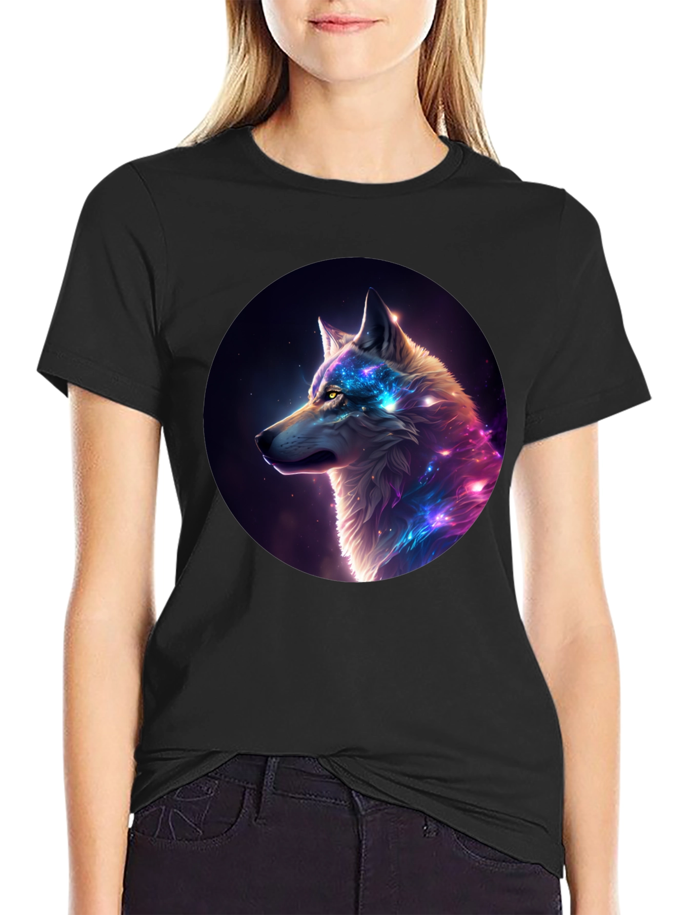 Cosmic Wolf Graphic Tee - Black Cotton Blend