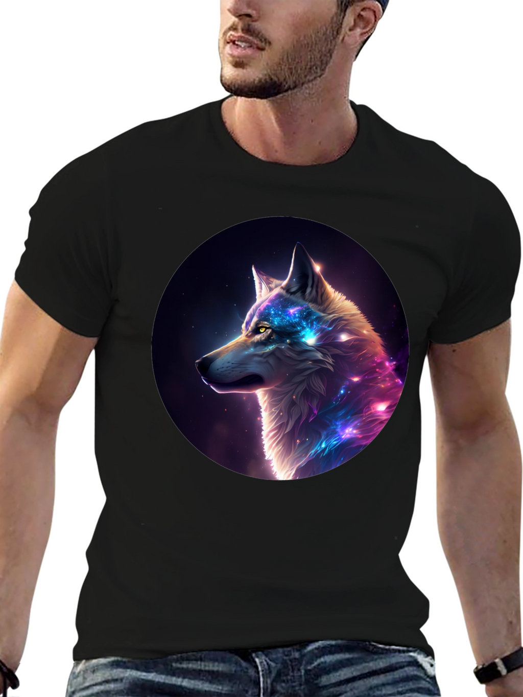 Cosmic Wolf Graphic Tee - Black Cotton Blend