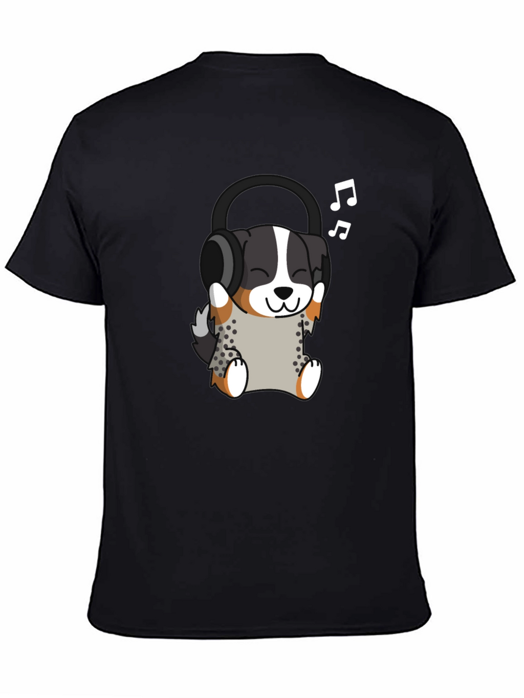 Cute Dog with Headphones Black T-Shirt