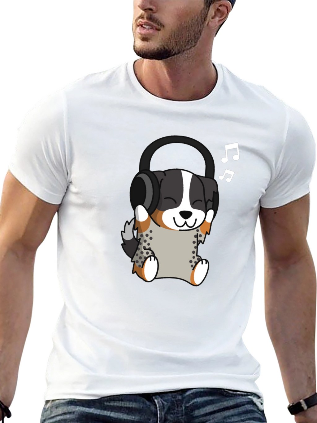 Cute Dog with Headphones Black T-Shirt