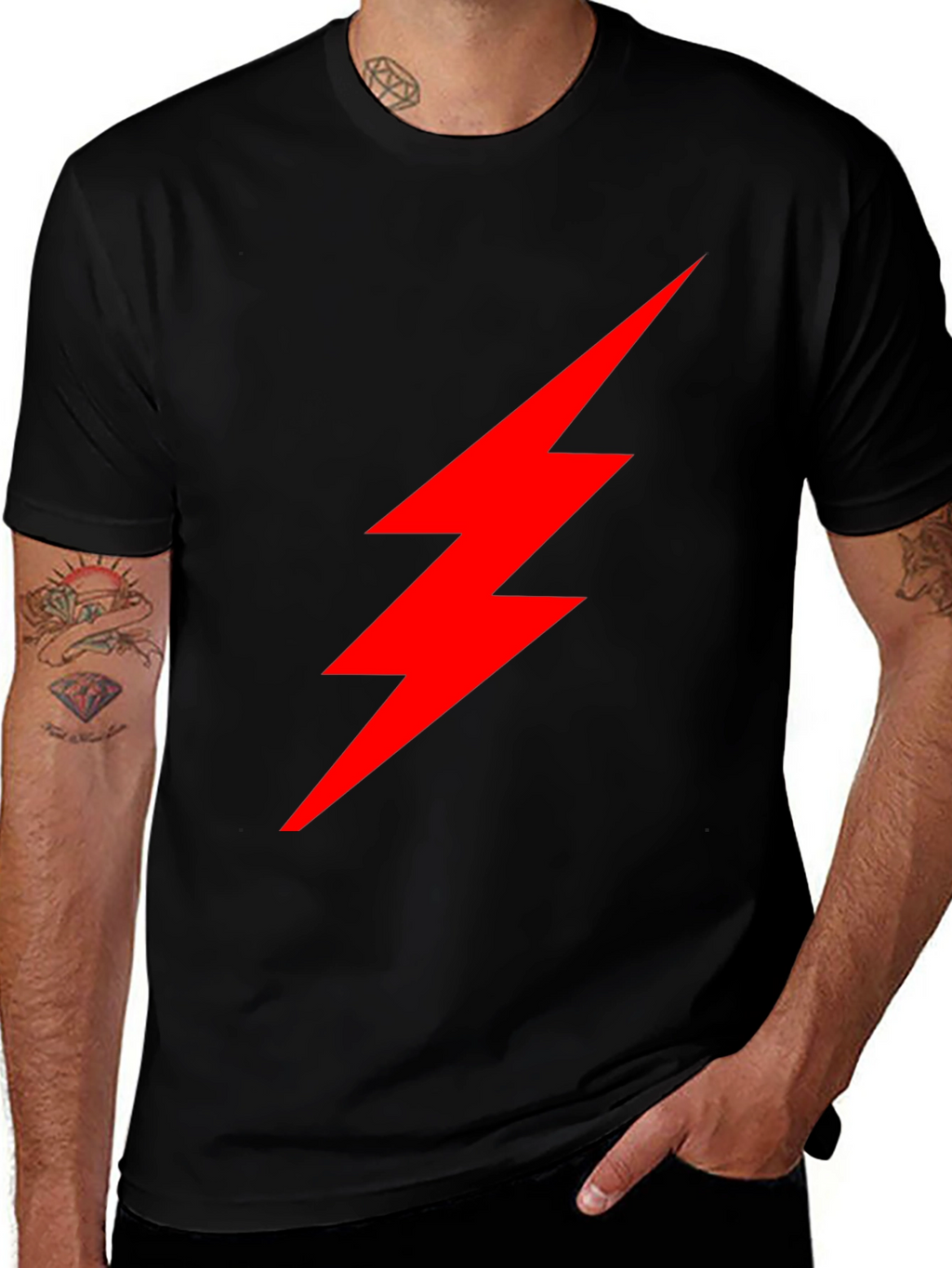 Black T-Shirt with Red Lightning Bolt Graphic