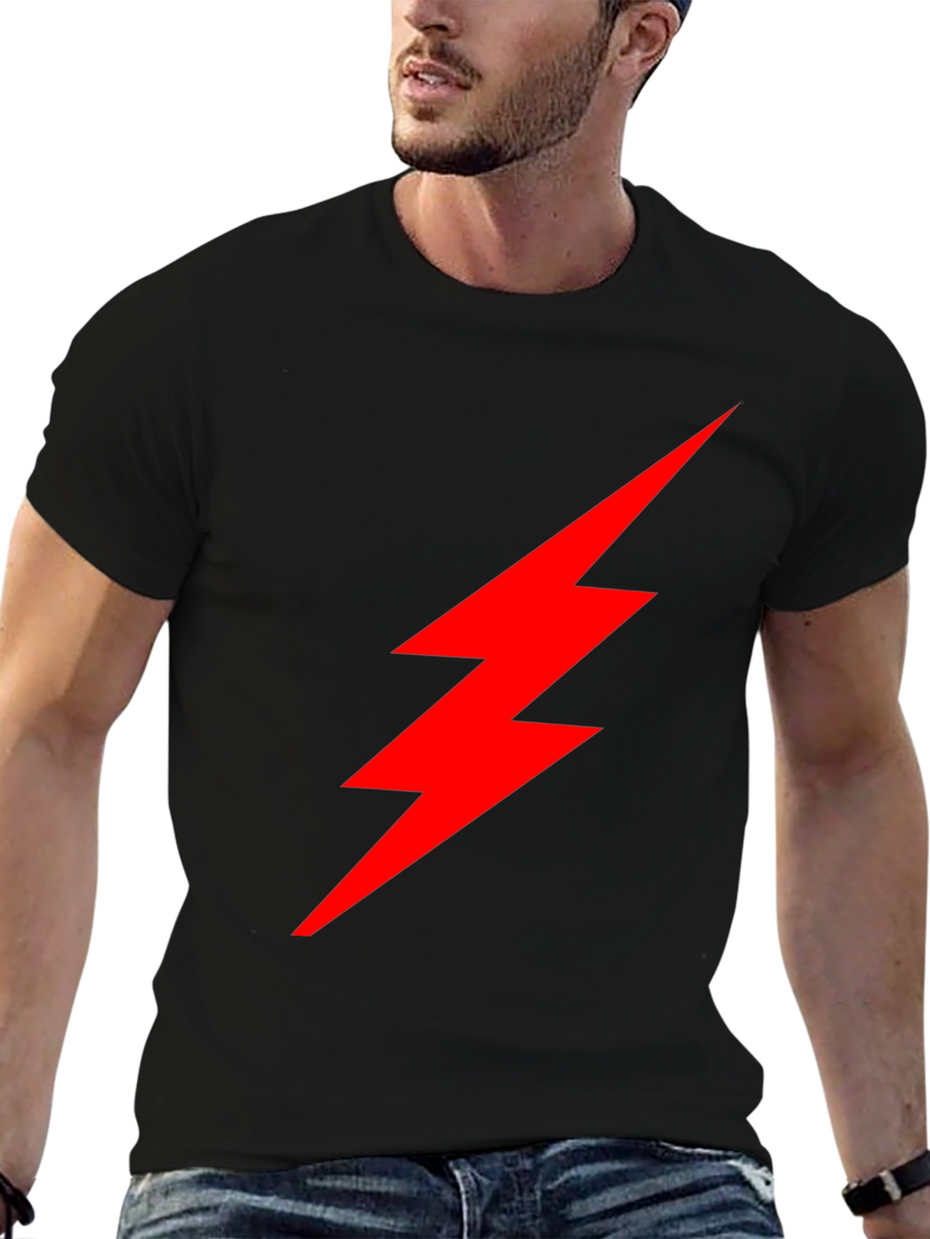 Black T-Shirt with Red Lightning Bolt Graphic