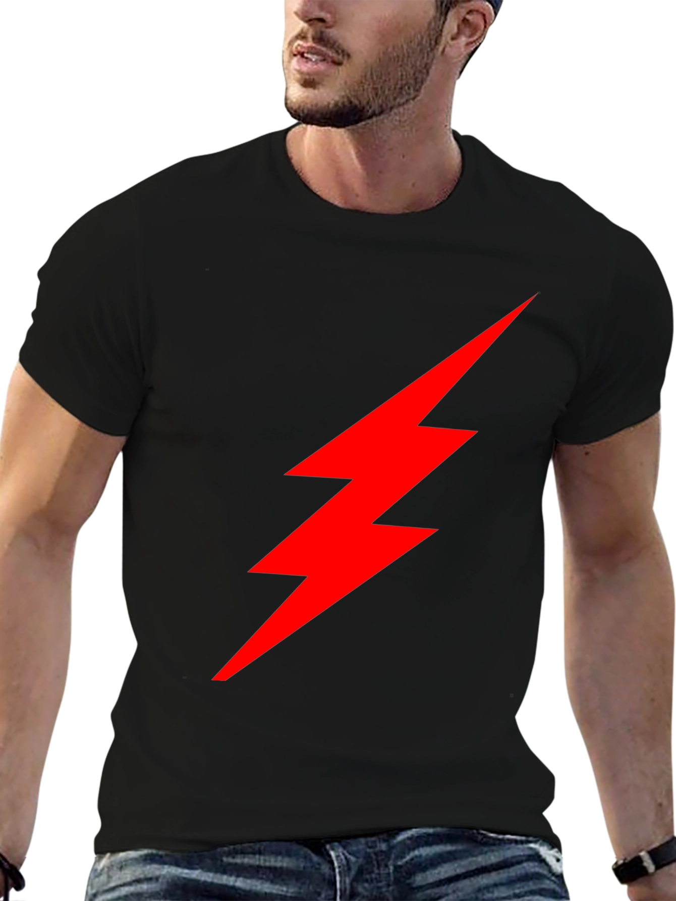 Black T-Shirt with Red Lightning Bolt Graphic