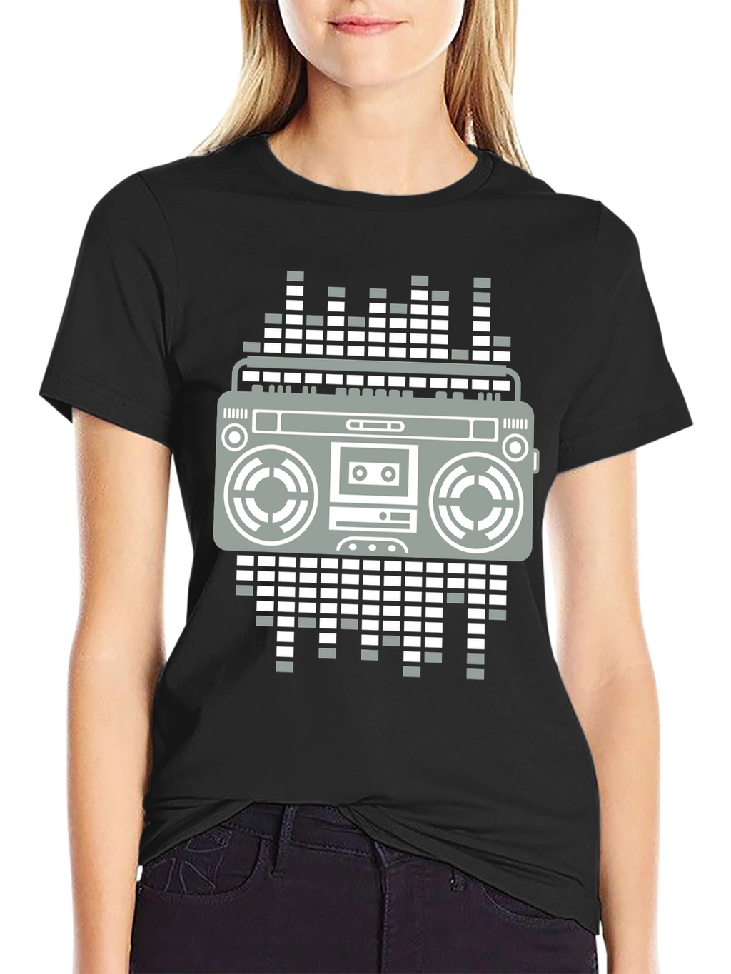 Retro Boombox Graphic Tee - Black Casual T-Shirt