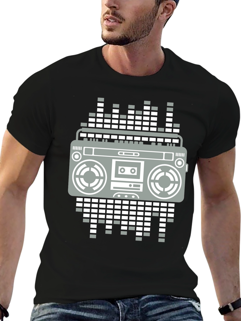 Retro Boombox Graphic Tee - Black Casual T-Shirt