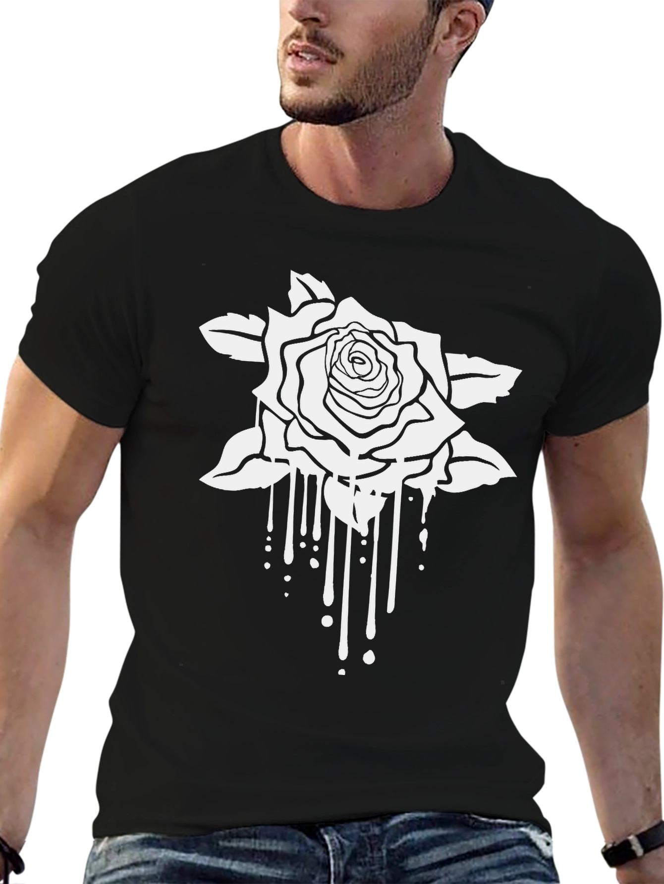 Black T-Shirt with White Rose Graphic