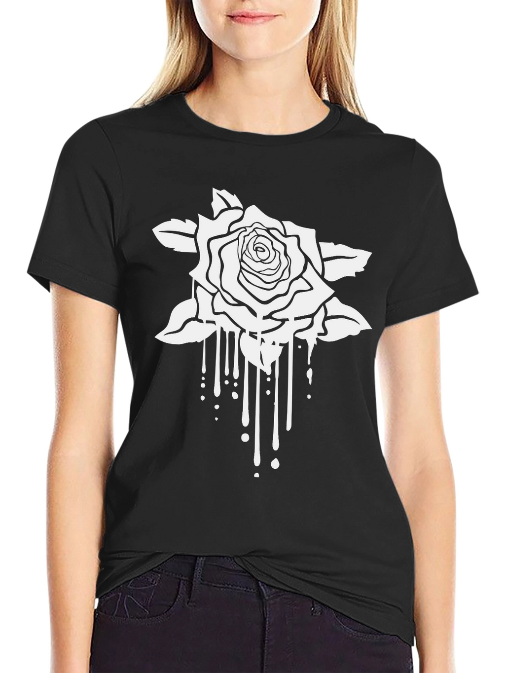 Black T-Shirt with White Rose Graphic