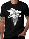 Black T-Shirt with White Rose Graphic