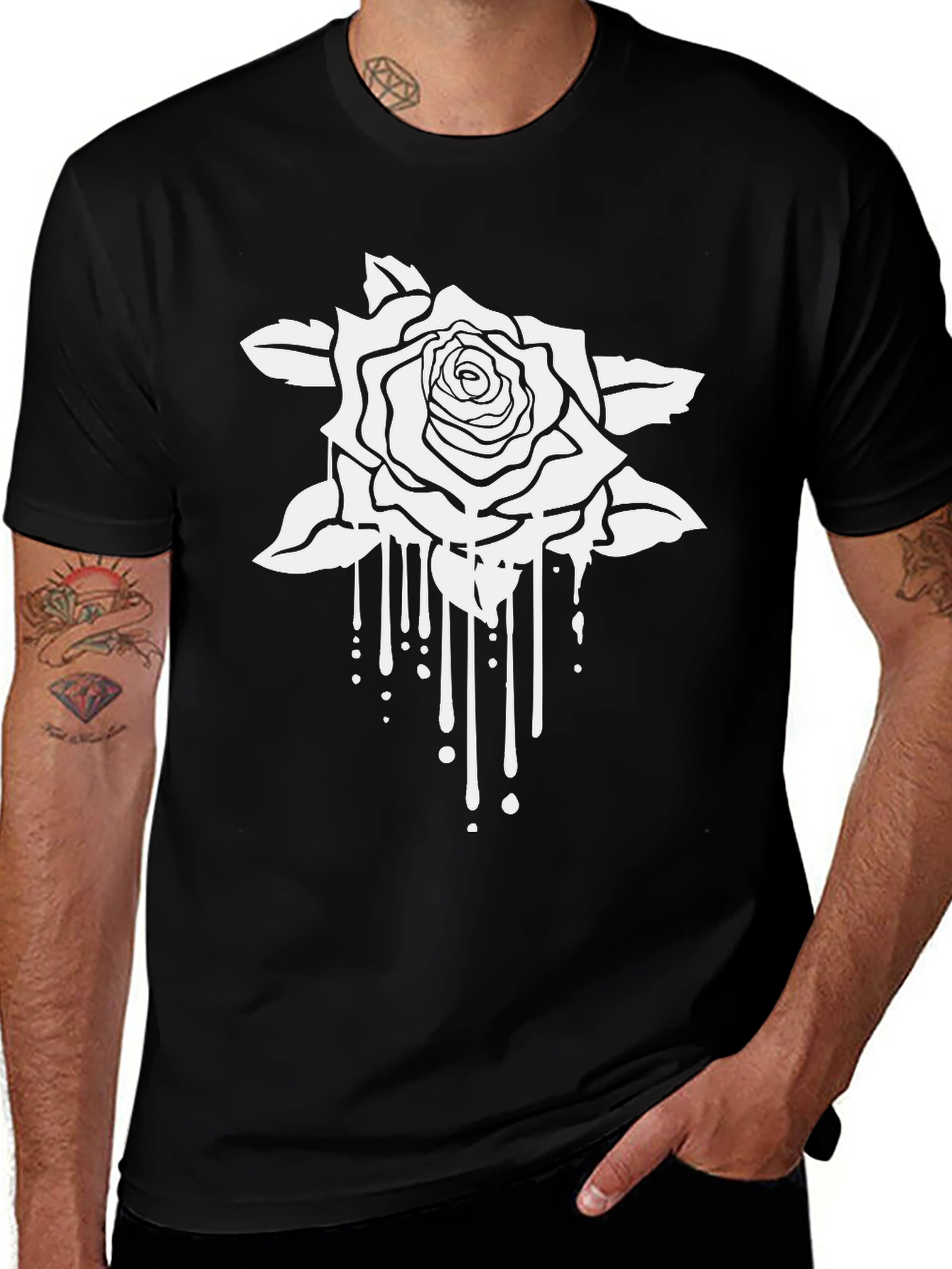 Black T-Shirt with White Rose Graphic