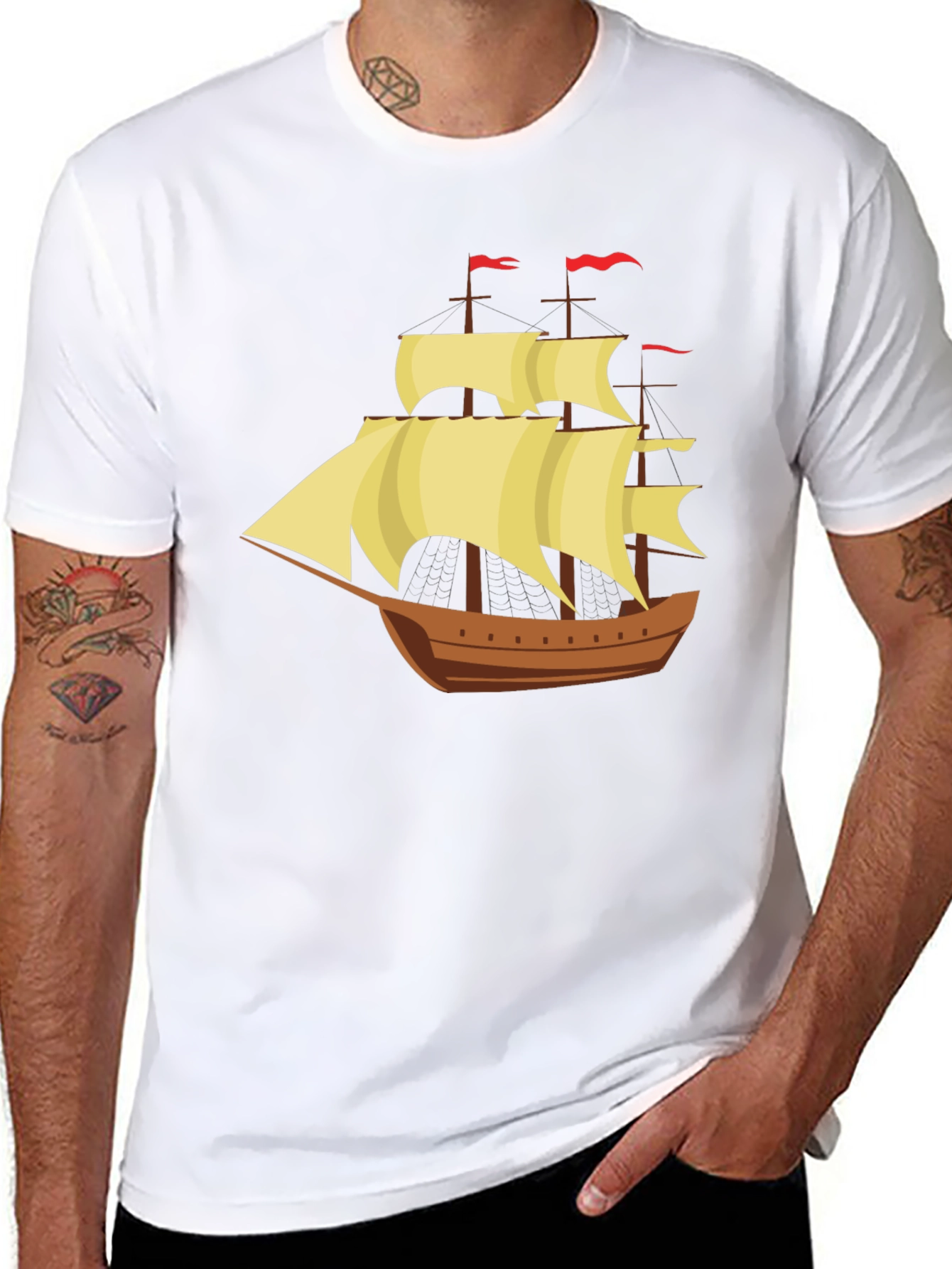 Vintage Sailing Ship Graphic Tee - Black Cotton T-Shirt
