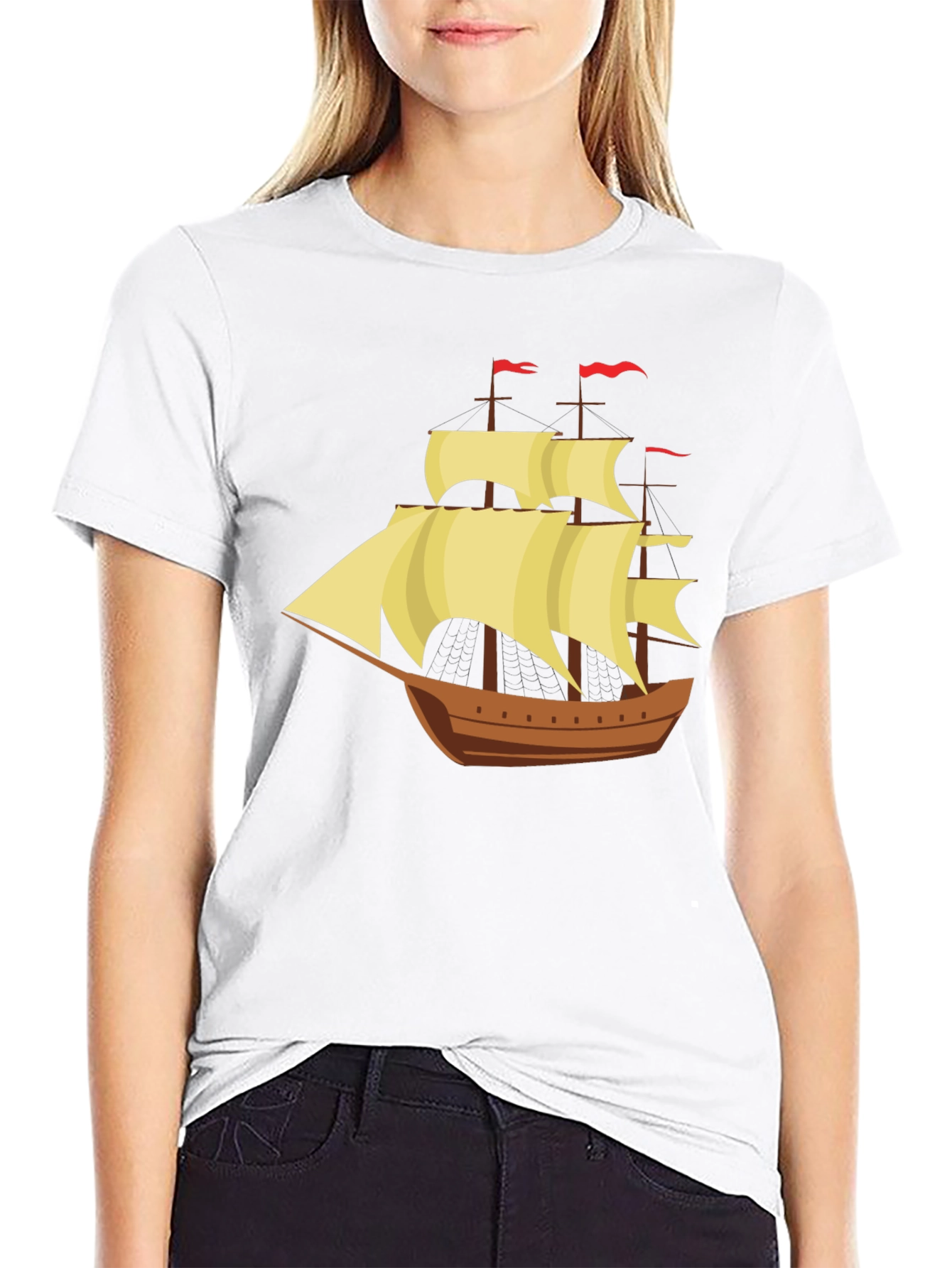 Vintage Sailing Ship Graphic Tee - Black Cotton T-Shirt