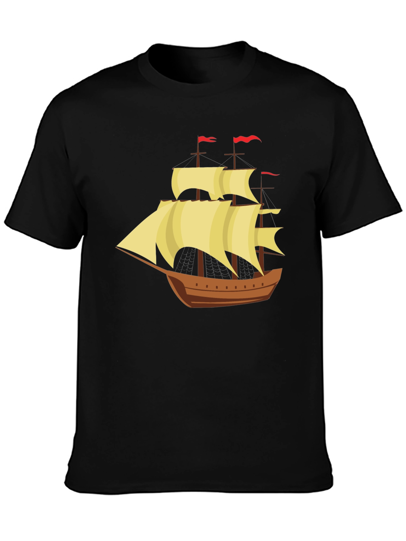 Vintage Sailing Ship Graphic Tee - Black Cotton T-Shirt