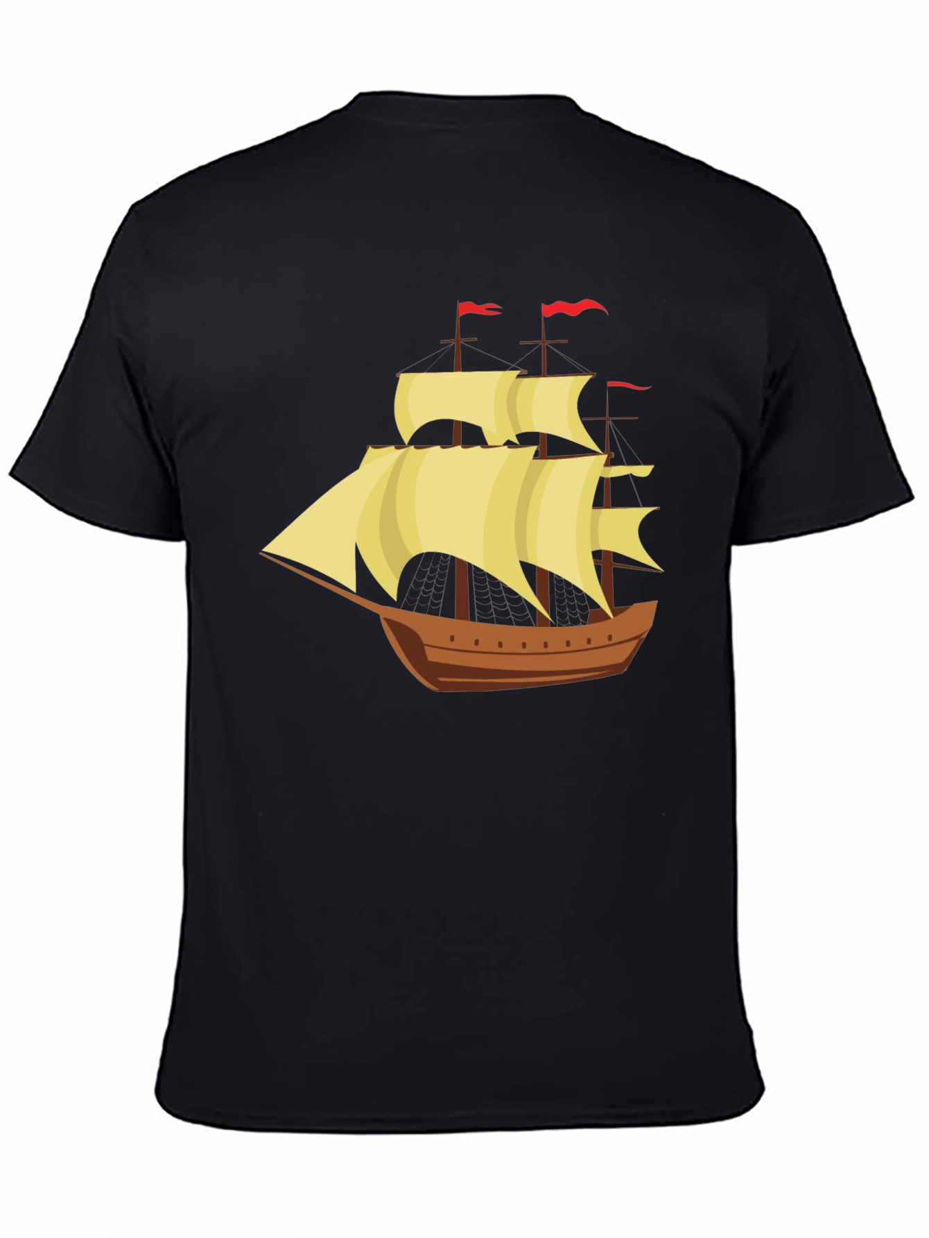 Vintage Sailing Ship Graphic Tee - Black Cotton T-Shirt