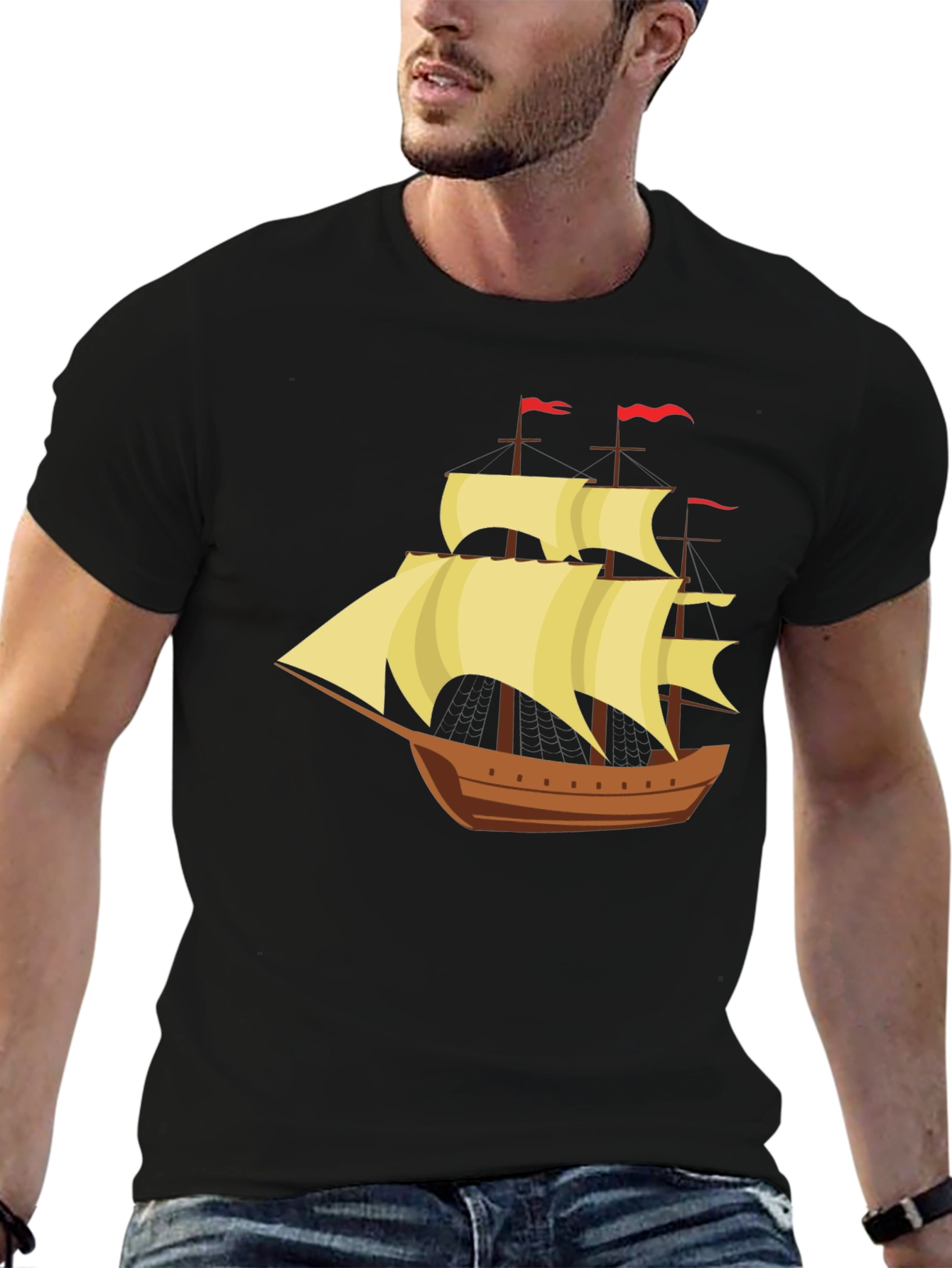 Vintage Sailing Ship Graphic Tee - Black Cotton T-Shirt