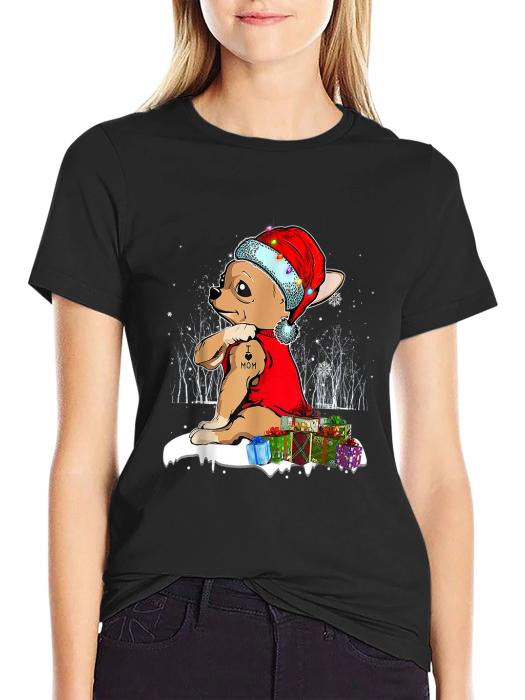 Festive Chihuahua Christmas T-Shirt - I Heart Mom