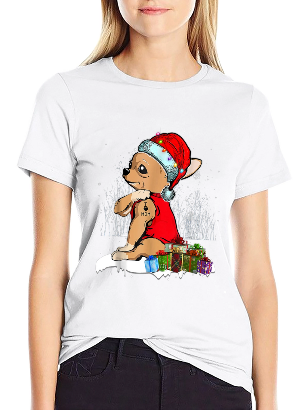 Festive Chihuahua Christmas T-Shirt - I Heart Mom