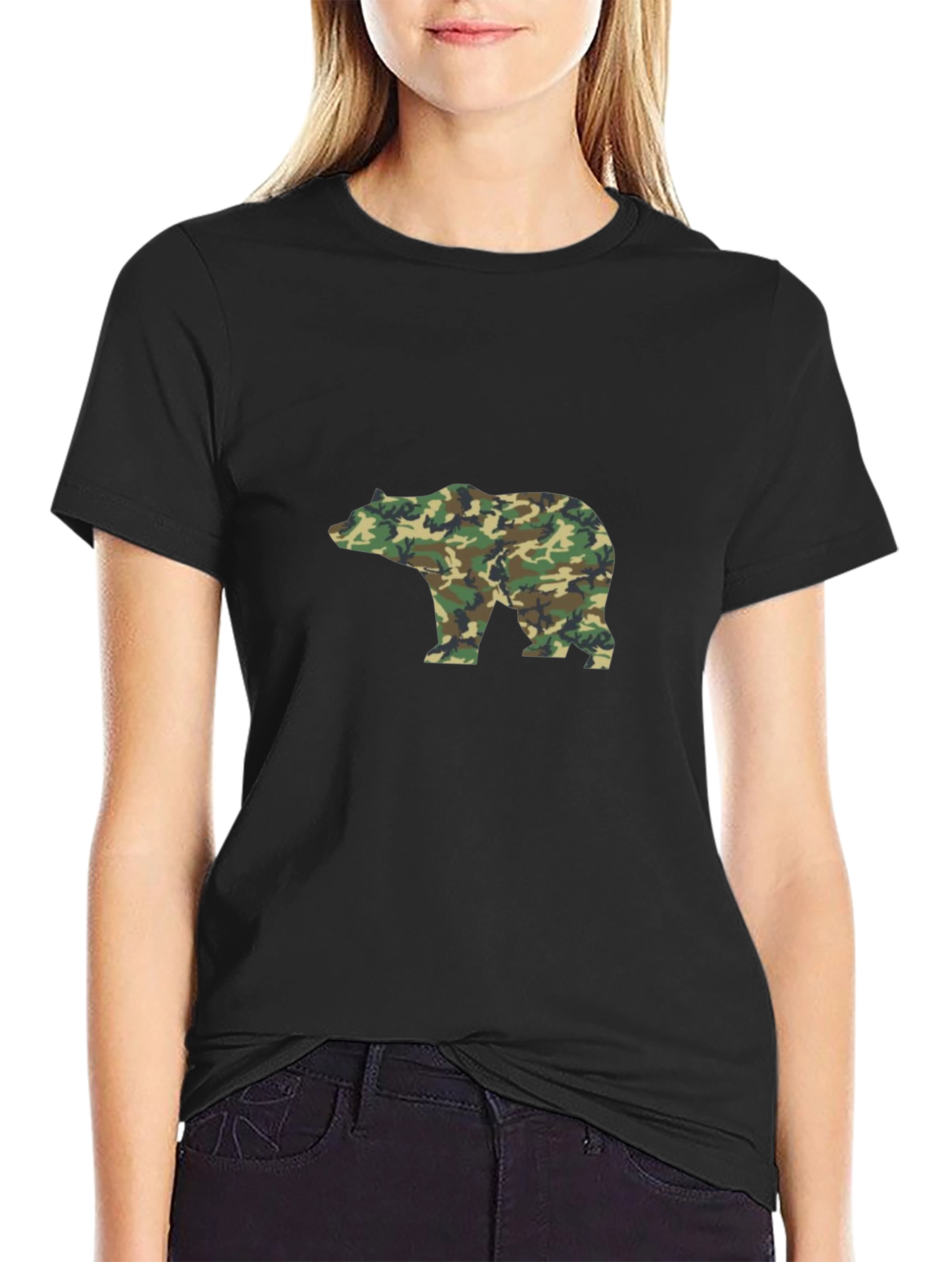 Camo Bear Graphic Tee - Black Cotton Blend Casual Shirt