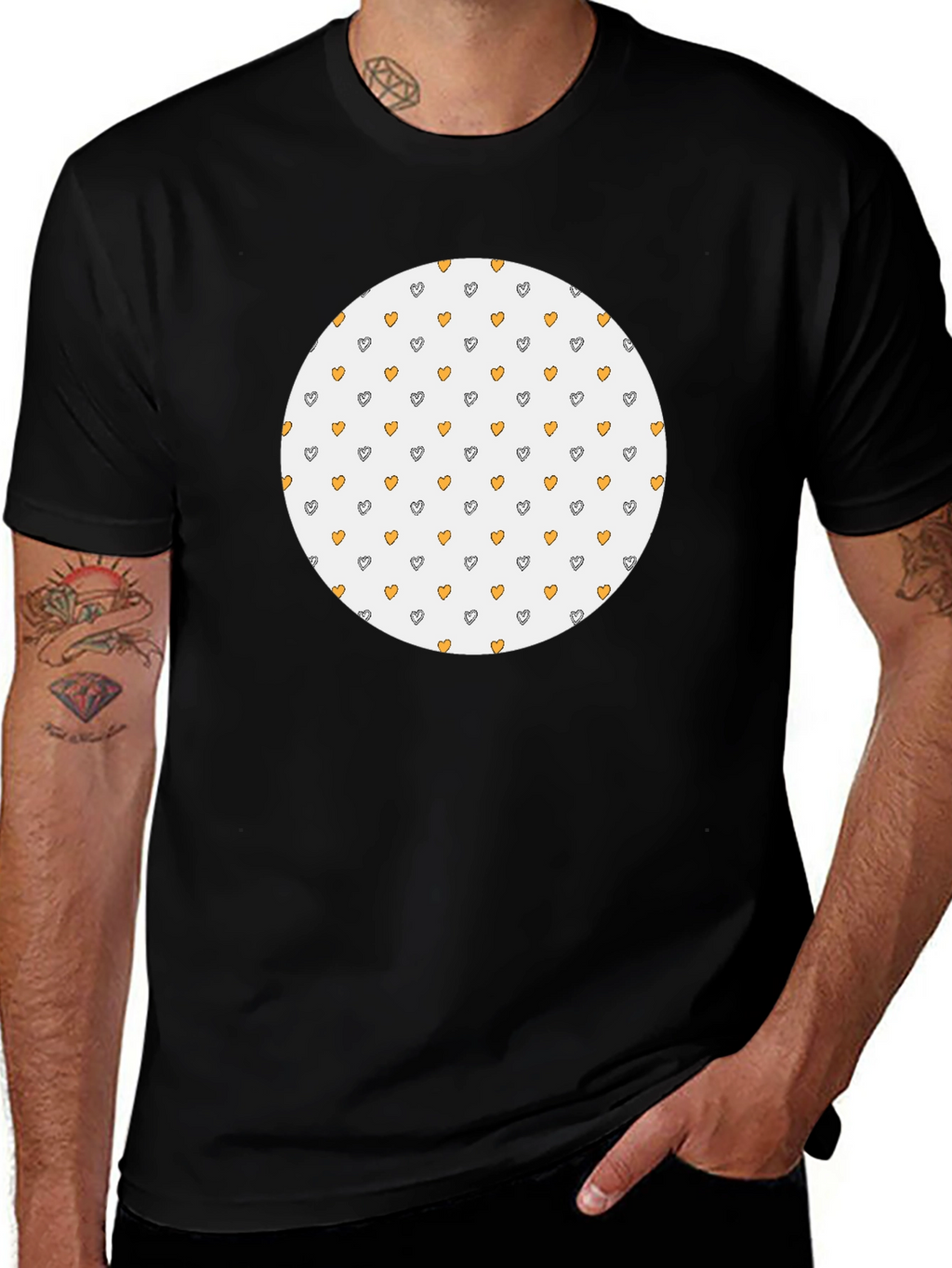 Black T-Shirt with Heart Pattern Circle