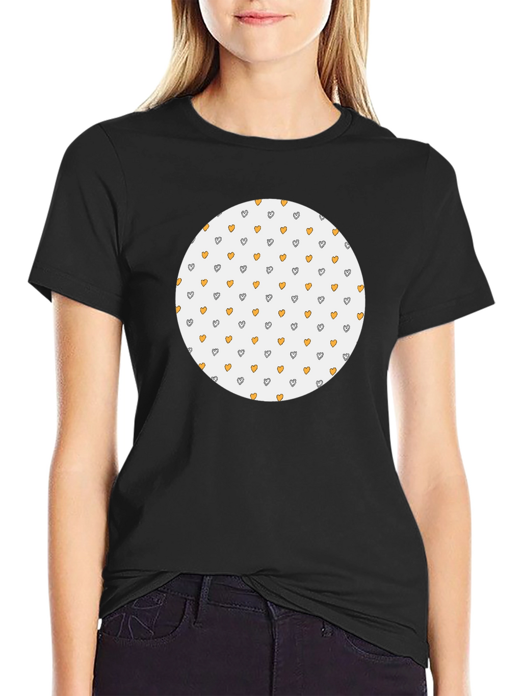 Black T-Shirt with Heart Pattern Circle