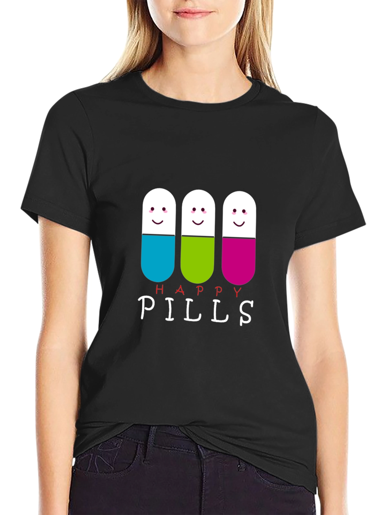 Happy Pills Graphic Tee - Black Cotton T-Shirt