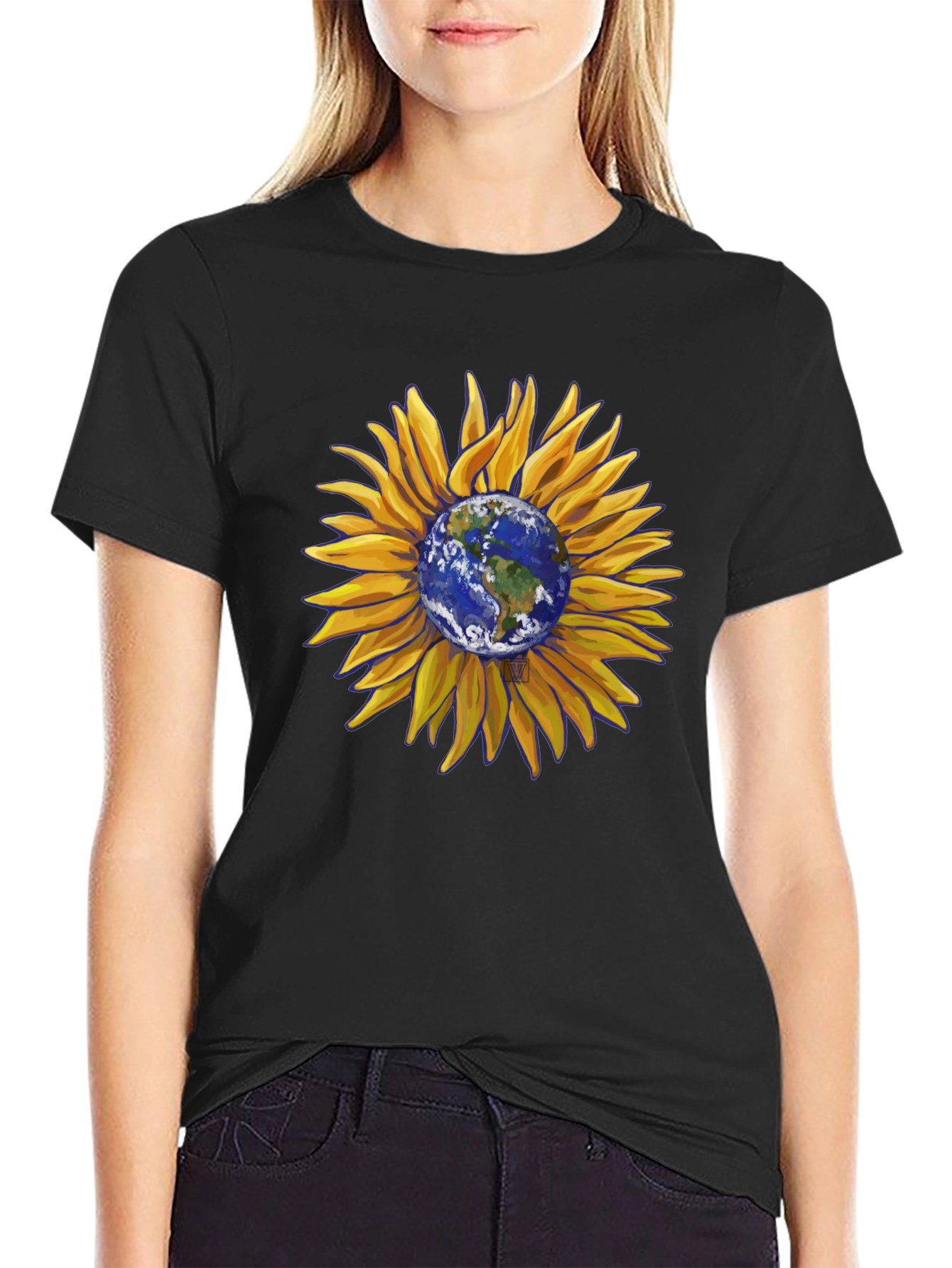 Sunflower Earth Graphic T-Shirt - Black Cotton Blend