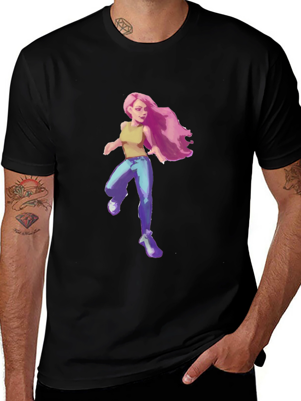 Pink-Haired Girl Graphic Tee - Black Cotton Blend T-Shirt
