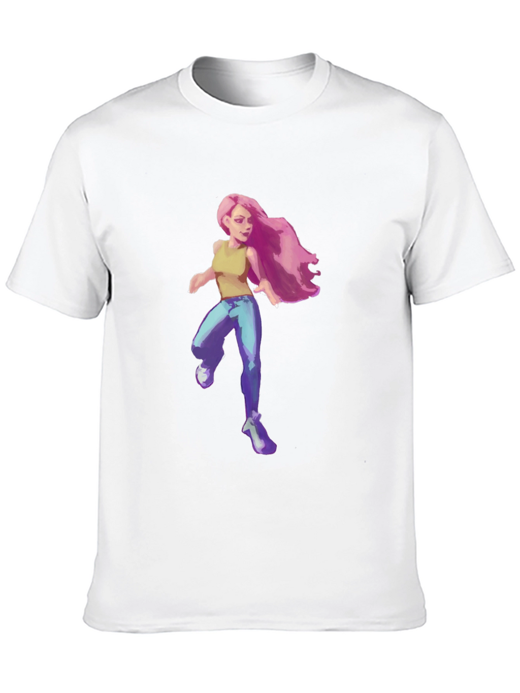 Pink-Haired Girl Graphic Tee - Black Cotton Blend T-Shirt
