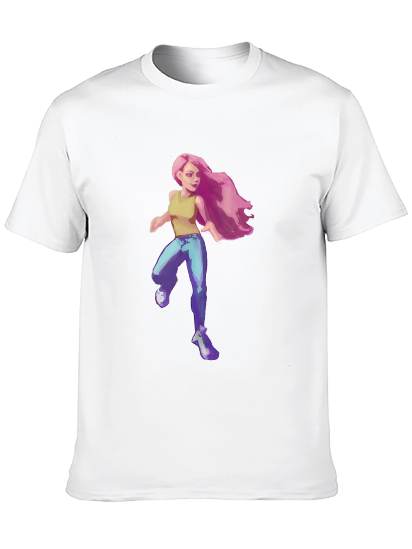 Pink-Haired Girl Graphic Tee - Black Cotton Blend T-Shirt