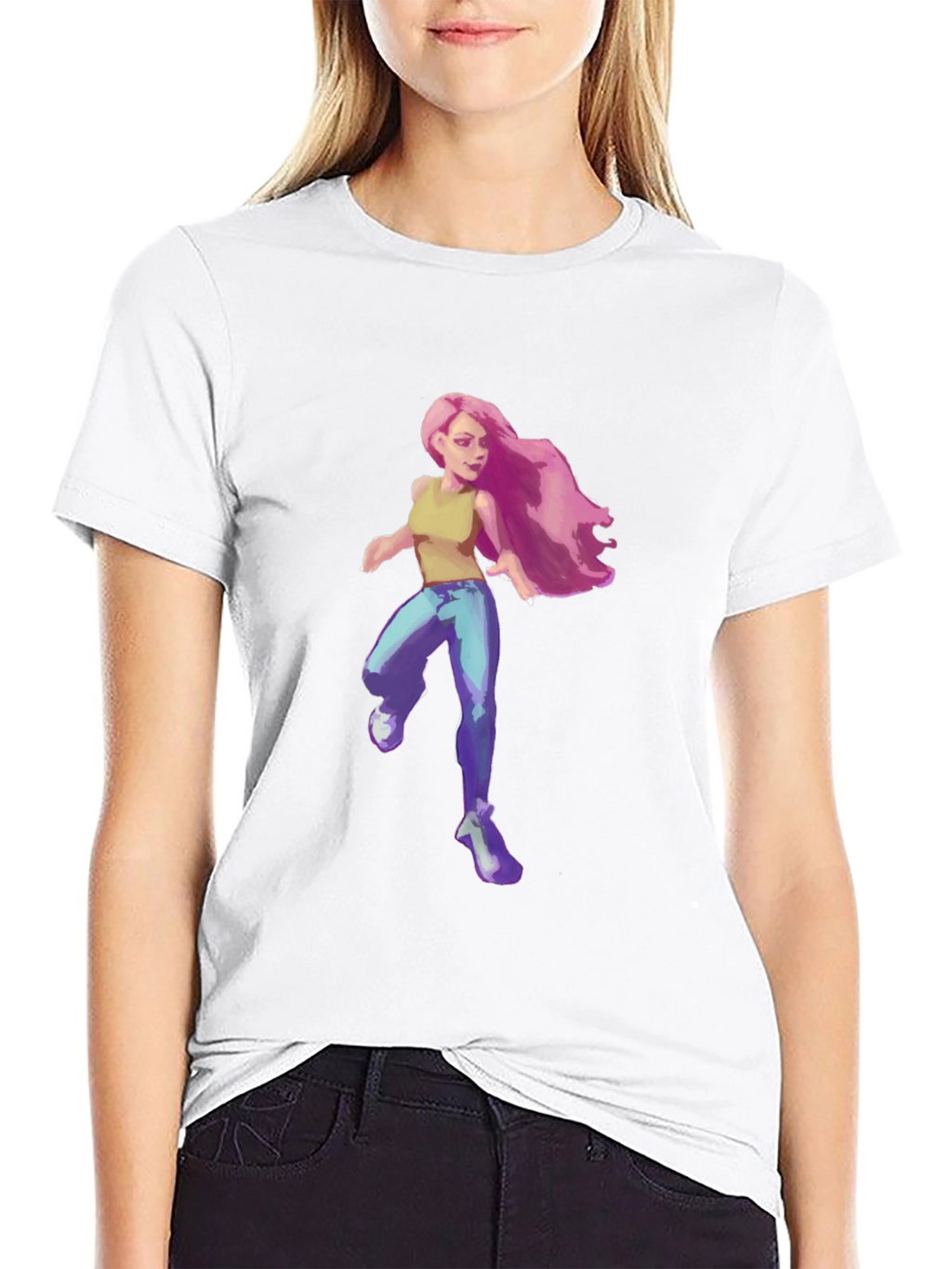 Pink-Haired Girl Graphic Tee - Black Cotton Blend T-Shirt