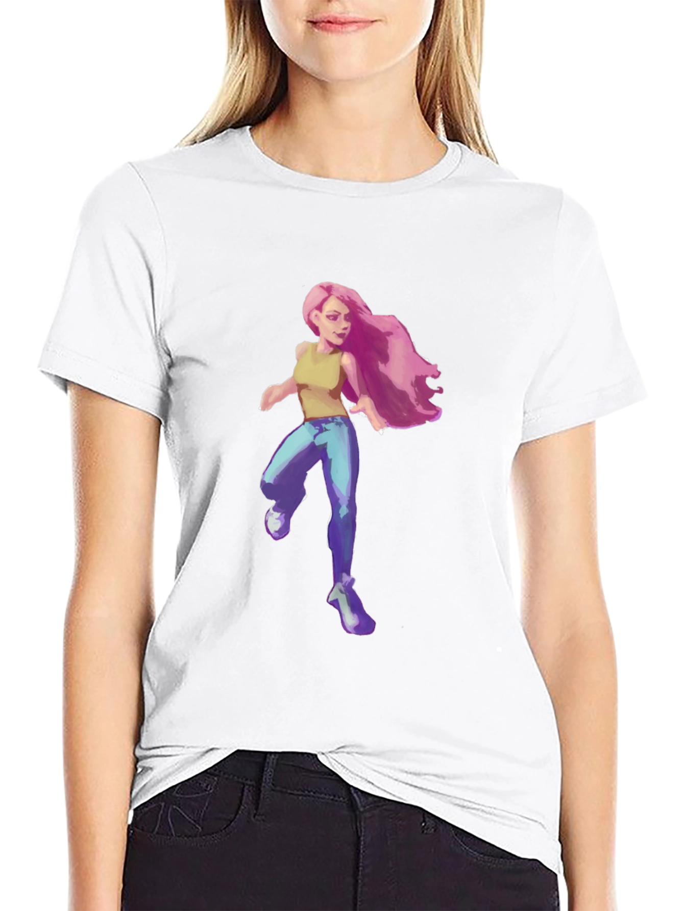 Pink-Haired Girl Graphic Tee - Black Cotton Blend T-Shirt