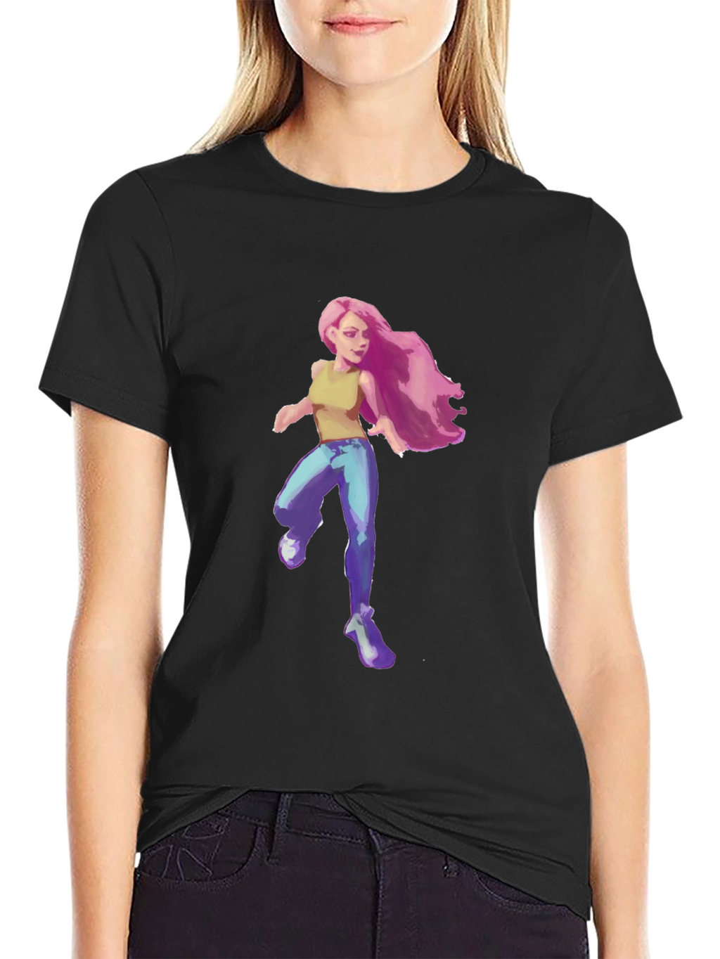 Pink-Haired Girl Graphic Tee - Black Cotton Blend T-Shirt