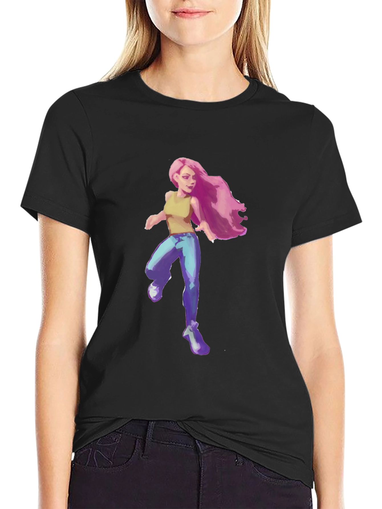 Pink-Haired Girl Graphic Tee - Black Cotton Blend T-Shirt