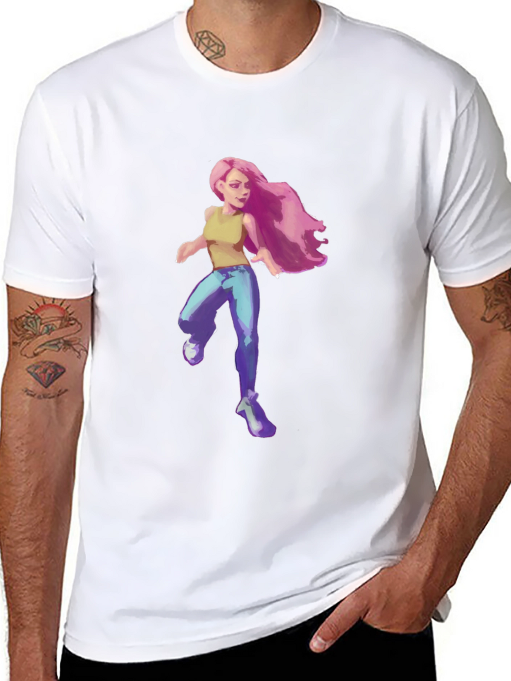 Pink-Haired Girl Graphic Tee - Black Cotton Blend T-Shirt